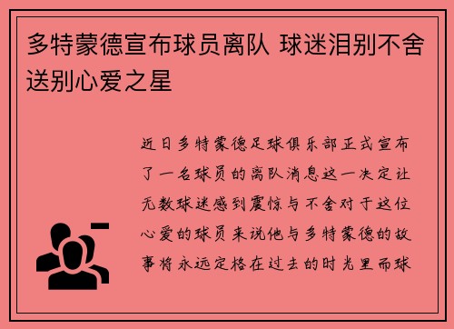 多特蒙德宣布球员离队 球迷泪别不舍送别心爱之星