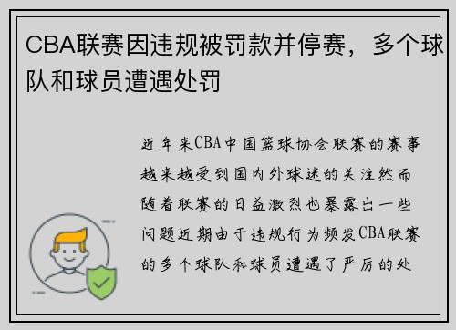 CBA联赛因违规被罚款并停赛，多个球队和球员遭遇处罚