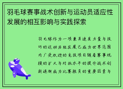 羽毛球赛事战术创新与运动员适应性发展的相互影响与实践探索
