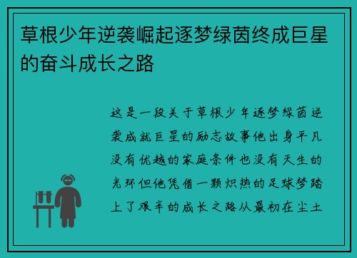 草根少年逆袭崛起逐梦绿茵终成巨星的奋斗成长之路